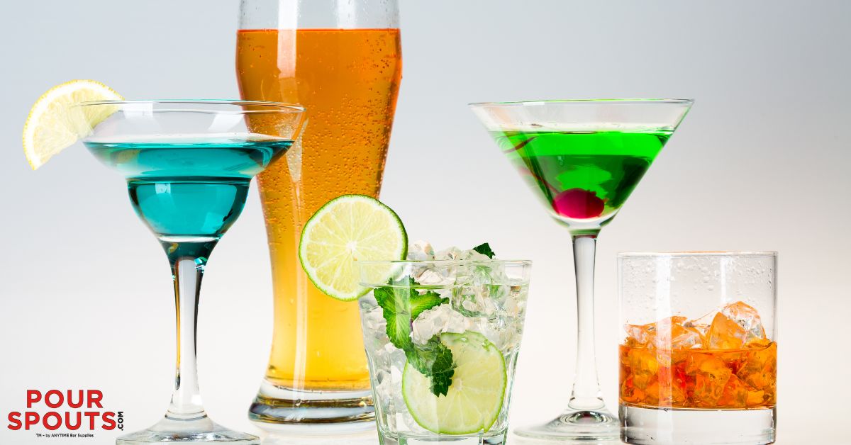 different variations of cocktails and beer - Pour Spouts by Anytime Bar Supplies stainless steel pour spouts for alcohol