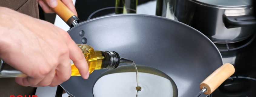 person pouring olive oil into a pan - Pour Spouts by Anytime Bar Supplies stainless steel pour spouts for olive oil