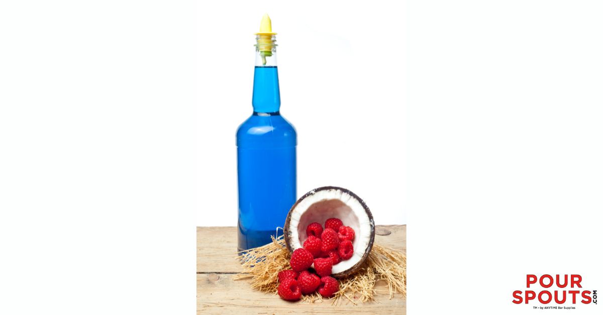 clear blue bottle with a yellow plastic pour spout - Pour Spouts