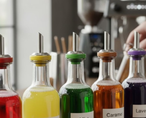 lineup of different syrups with labeled spouts - Pour Spouts