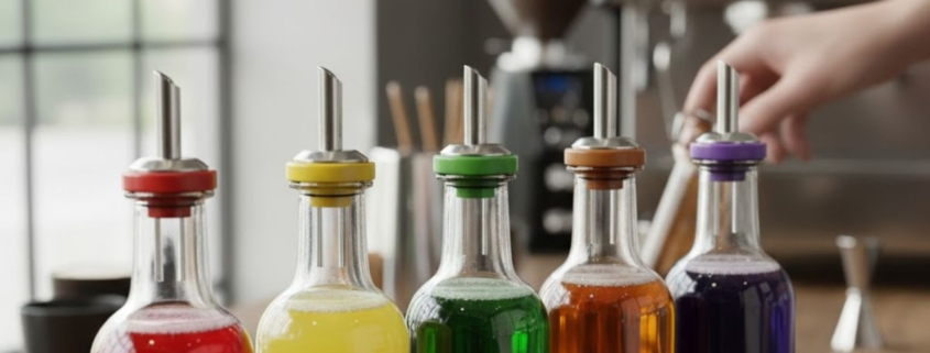 lineup of different syrups with labeled spouts - Pour Spouts
