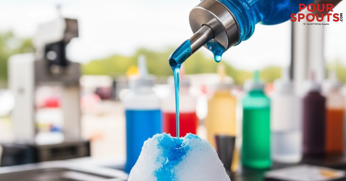 person pouring blue syrup over a snow cone - Pour Spouts