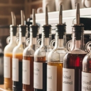 shelf of syrup bottles with stainless steel pour spouts - Pour Spouts Specialty Syrup