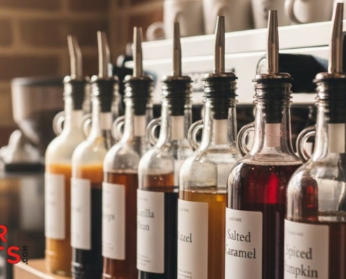 shelf of syrup bottles with stainless steel pour spouts - Pour Spouts Specialty Syrup