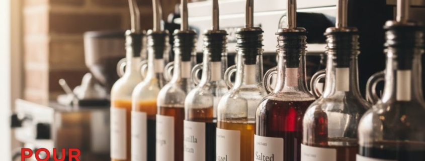 shelf of syrup bottles with stainless steel pour spouts - Pour Spouts Specialty Syrup