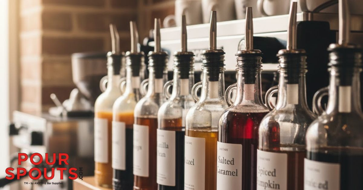 shelf of syrup bottles with stainless steel pour spouts - Pour Spouts Specialty Syrup