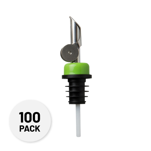 self closing stainless steel pour spout with a green collar - Anytime Bar Supplies Pour Spouts