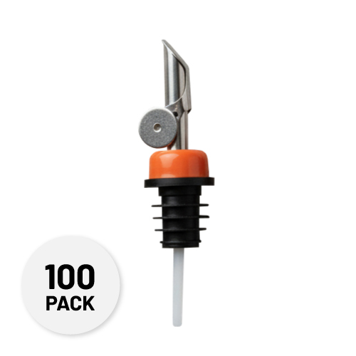 self closing stainless steel pour spout with an orange collar - Anytime Bar Supplies Pour Spouts