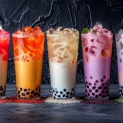 line up of different boba tea drinks - Pour Spouts boba shop supplies