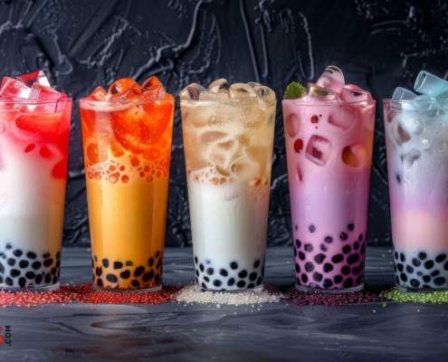 line up of different boba tea drinks - Pour Spouts boba shop supplies