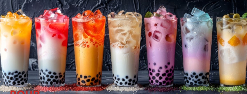 line up of different boba tea drinks - Pour Spouts boba shop supplies