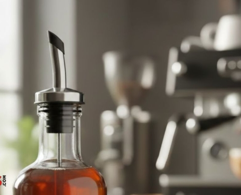 close up image of a glass bottle with a steel pour spout - Pour Spouts
