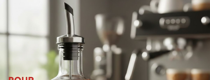 close up image of a glass bottle with a steel pour spout - Pour Spouts