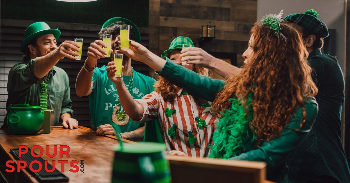 group of friends celebrating St. Patrick's Day - Pour Spouts bulk speed pourers